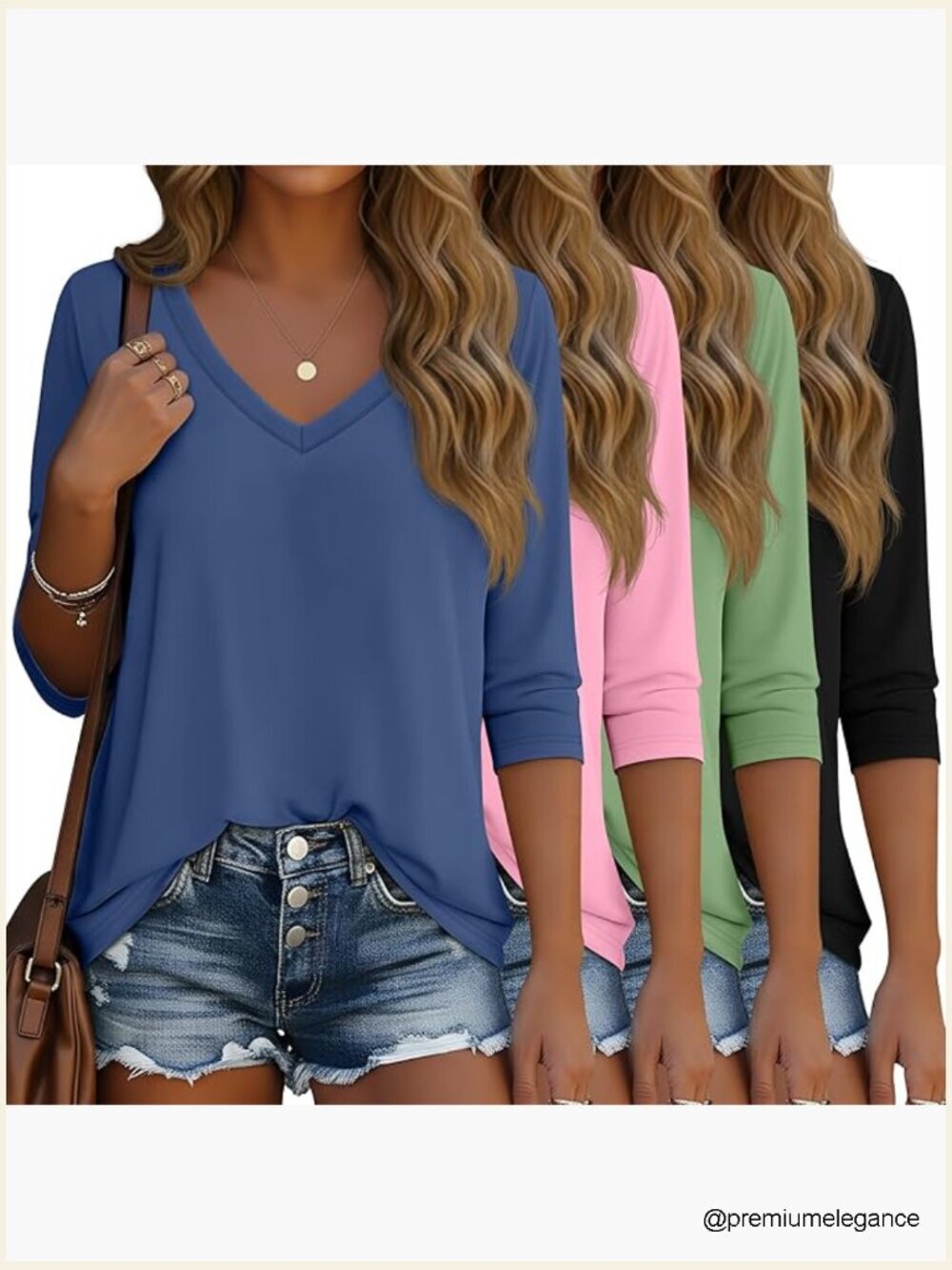 4 Pack Women's 3/4 Sleeve V Neck Cotton Tees Loose Fit Tunic Tops